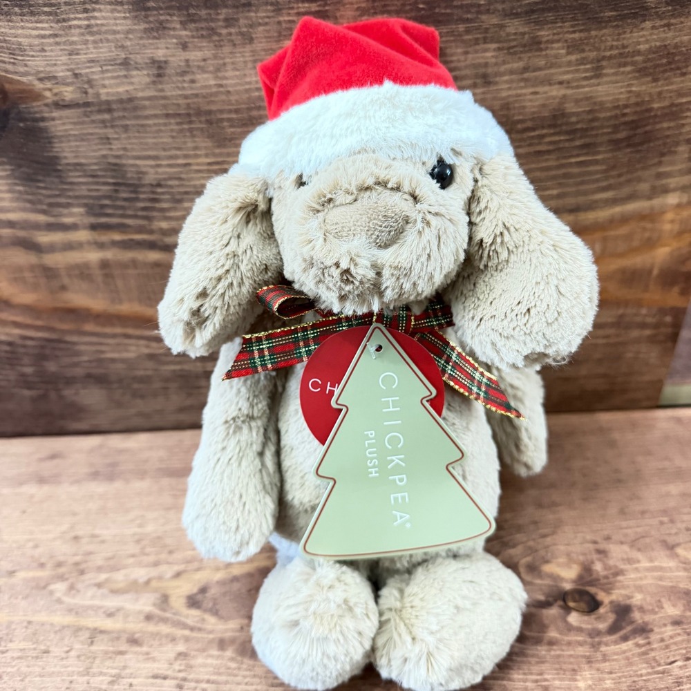 Chickpea Holiday Plush Puppy Dog Santa Hat Plaid Bow Tan Super Soft NWT